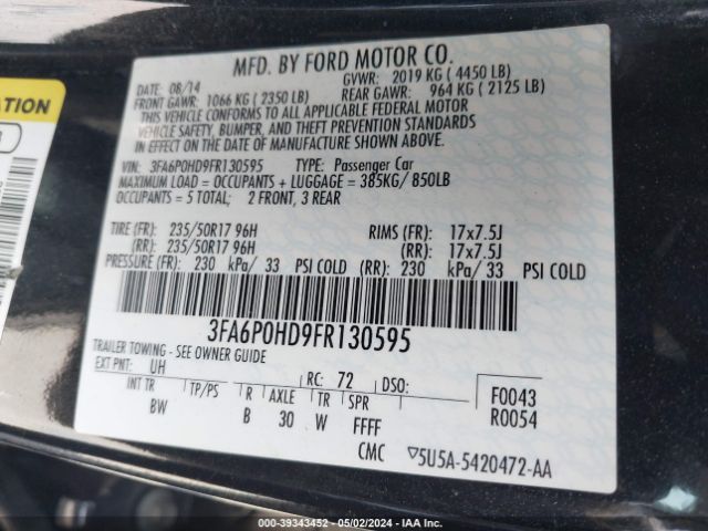 Photo 8 VIN: 3FA6P0HD9FR130595 - FORD FUSION 