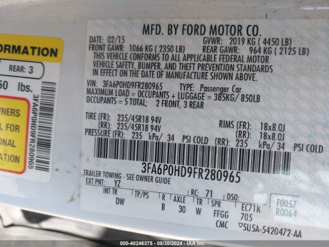 Photo 8 VIN: 3FA6P0HD9FR280965 - FORD FUSION 