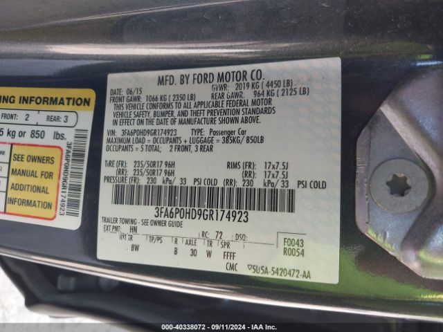 Photo 8 VIN: 3FA6P0HD9GR174923 - FORD FUSION 