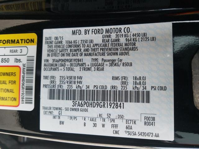 Photo 9 VIN: 3FA6P0HD9GR192841 - FORD FUSION SE 