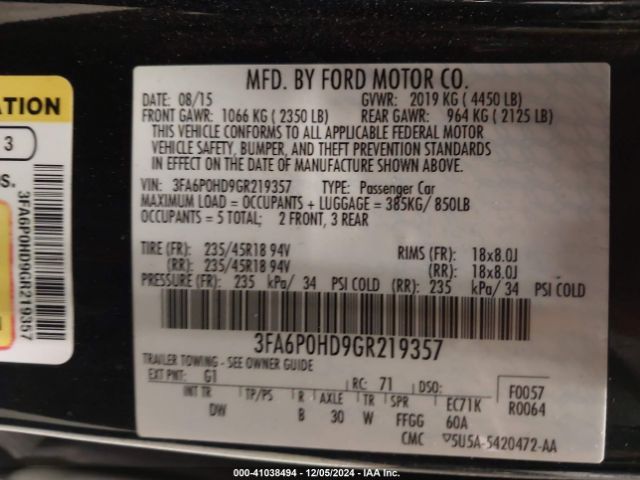 Photo 8 VIN: 3FA6P0HD9GR219357 - FORD FUSION 