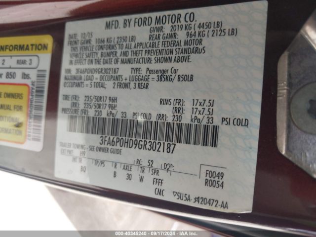 Photo 8 VIN: 3FA6P0HD9GR302187 - FORD FUSION 