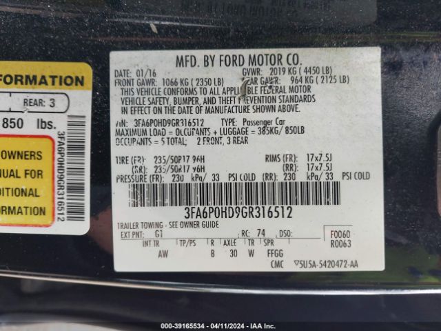 Photo 8 VIN: 3FA6P0HD9GR316512 - FORD FUSION 