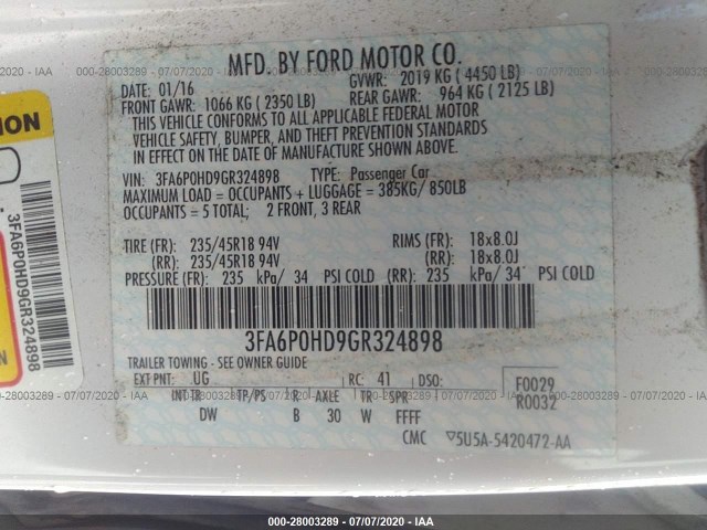 Photo 8 VIN: 3FA6P0HD9GR324898 - FORD FUSION 