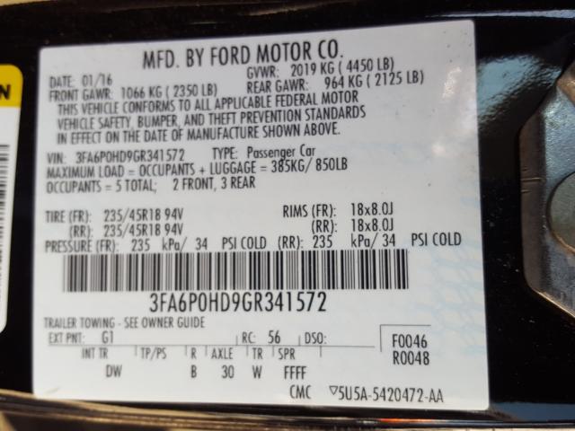 Photo 9 VIN: 3FA6P0HD9GR341572 - FORD FUSION SE 