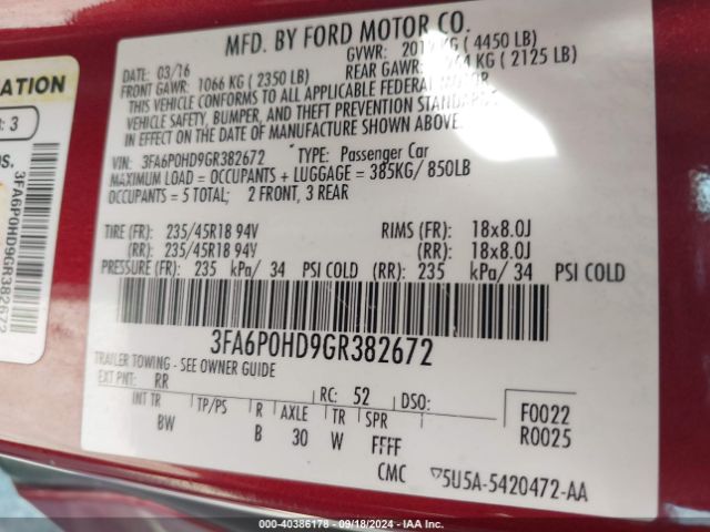 Photo 8 VIN: 3FA6P0HD9GR382672 - FORD FUSION 