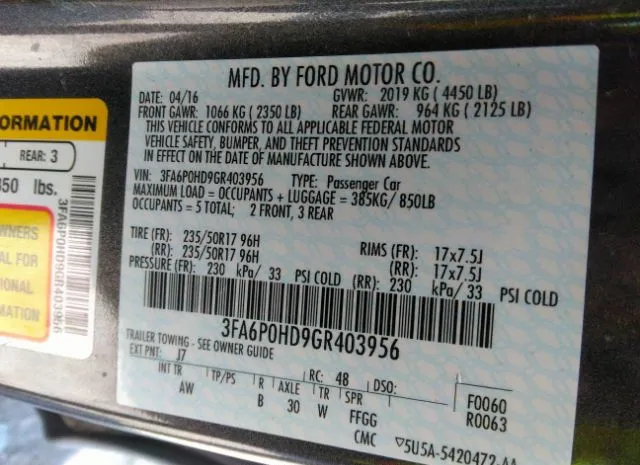 Photo 8 VIN: 3FA6P0HD9GR403956 - FORD FUSION 