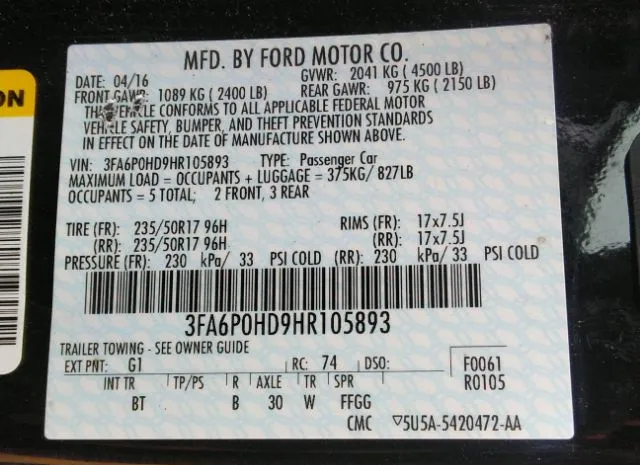 Photo 8 VIN: 3FA6P0HD9HR105893 - FORD FUSION 