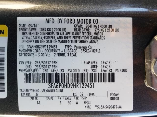 Photo 9 VIN: 3FA6P0HD9HR129451 - FORD FUSION SE 