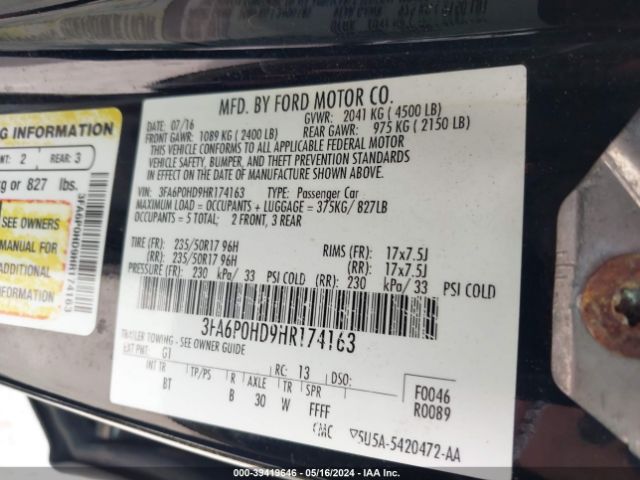 Photo 8 VIN: 3FA6P0HD9HR174163 - FORD FUSION 