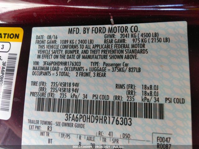 Photo 8 VIN: 3FA6P0HD9HR176303 - FORD FUSION 