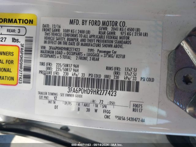 Photo 8 VIN: 3FA6P0HD9HR277423 - FORD FUSION 