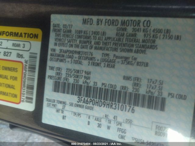 Photo 8 VIN: 3FA6P0HD9HR310176 - FORD FUSION 