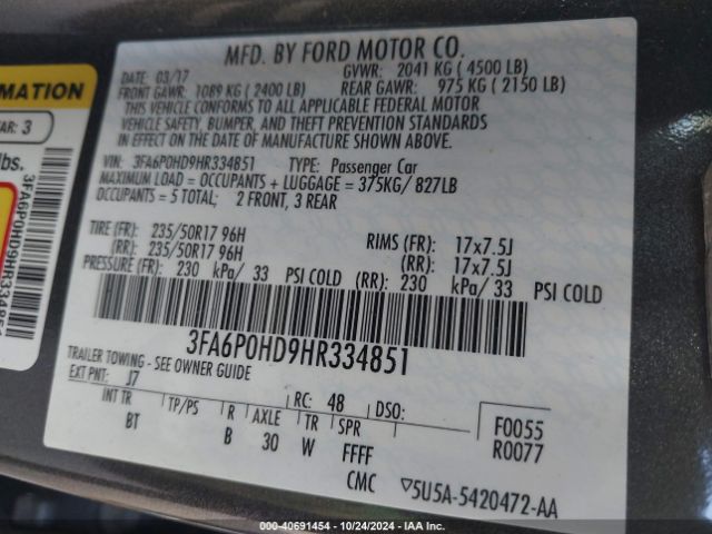 Photo 8 VIN: 3FA6P0HD9HR334851 - FORD FUSION 