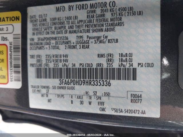 Photo 8 VIN: 3FA6P0HD9HR335336 - FORD FUSION 