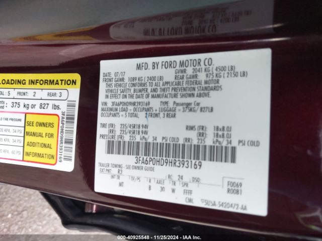 Photo 8 VIN: 3FA6P0HD9HR393169 - FORD FUSION 