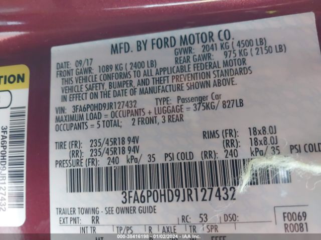 Photo 8 VIN: 3FA6P0HD9JR127432 - FORD FUSION 