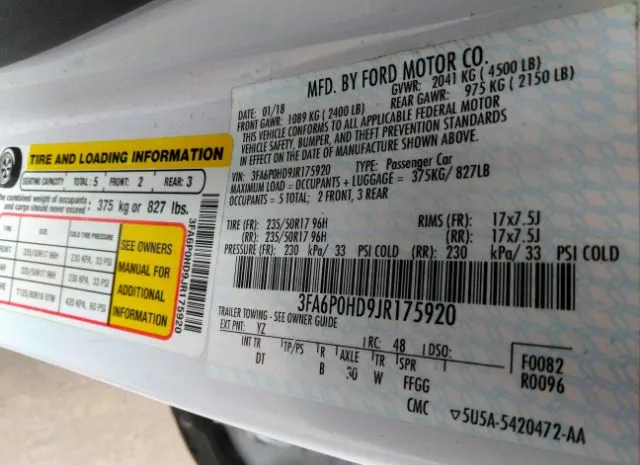 Photo 8 VIN: 3FA6P0HD9JR175920 - FORD FUSION 