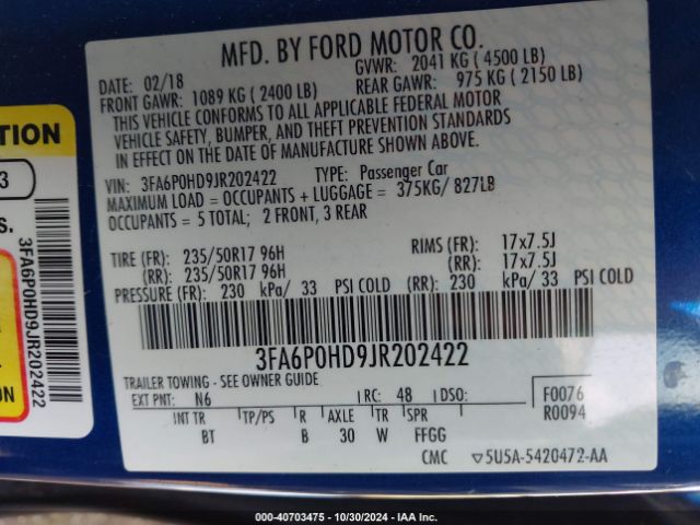 Photo 8 VIN: 3FA6P0HD9JR202422 - FORD FUSION 