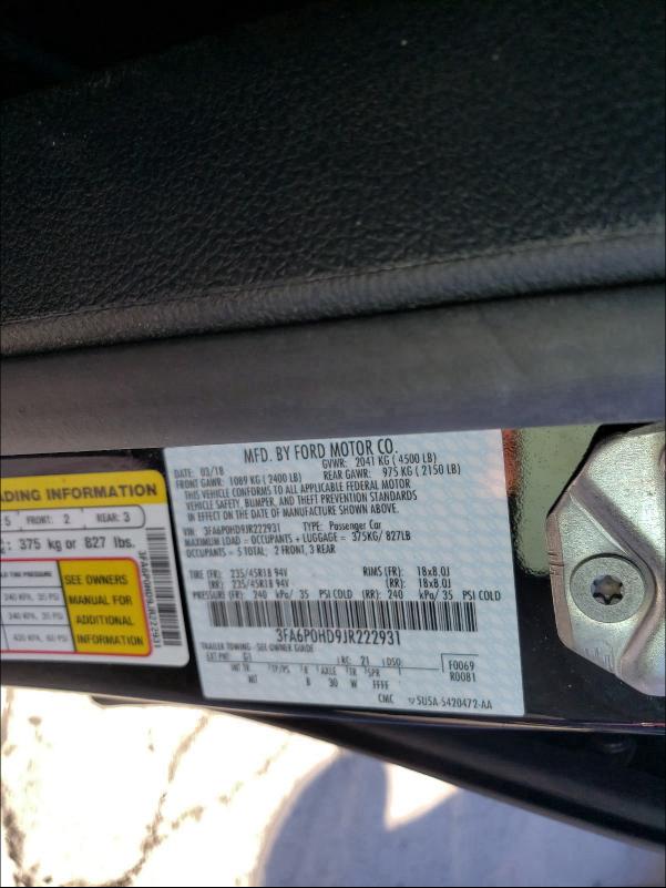 Photo 9 VIN: 3FA6P0HD9JR222931 - FORD FUSION SE 