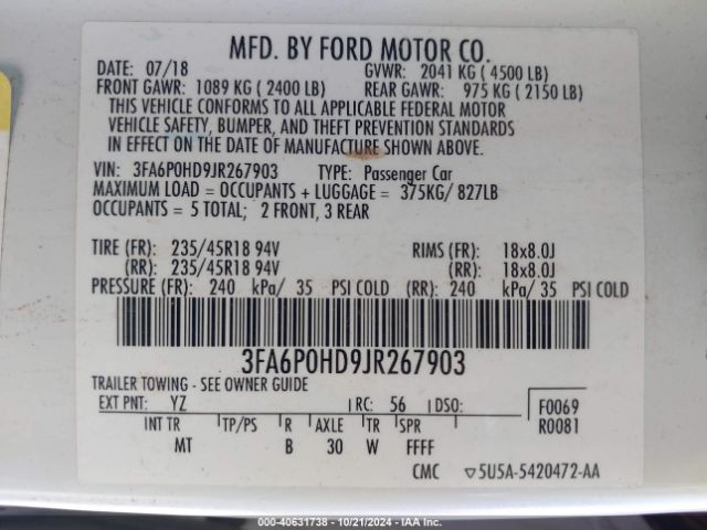 Photo 8 VIN: 3FA6P0HD9JR267903 - FORD FUSION 