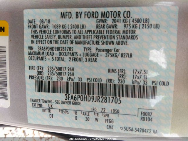 Photo 8 VIN: 3FA6P0HD9JR281705 - FORD FUSION 