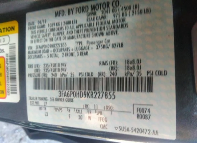 Photo 8 VIN: 3FA6P0HD9KR227855 - FORD FUSION 