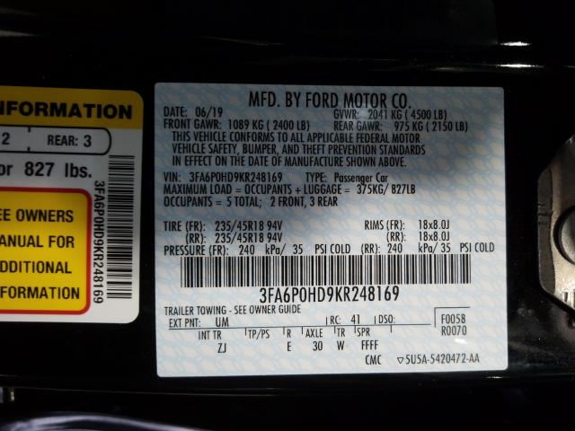 Photo 9 VIN: 3FA6P0HD9KR248169 - FORD FUSION SE 