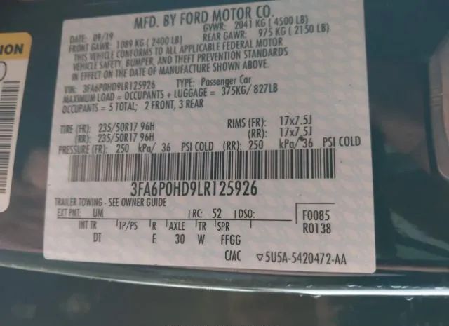 Photo 8 VIN: 3FA6P0HD9LR125926 - FORD FUSION 