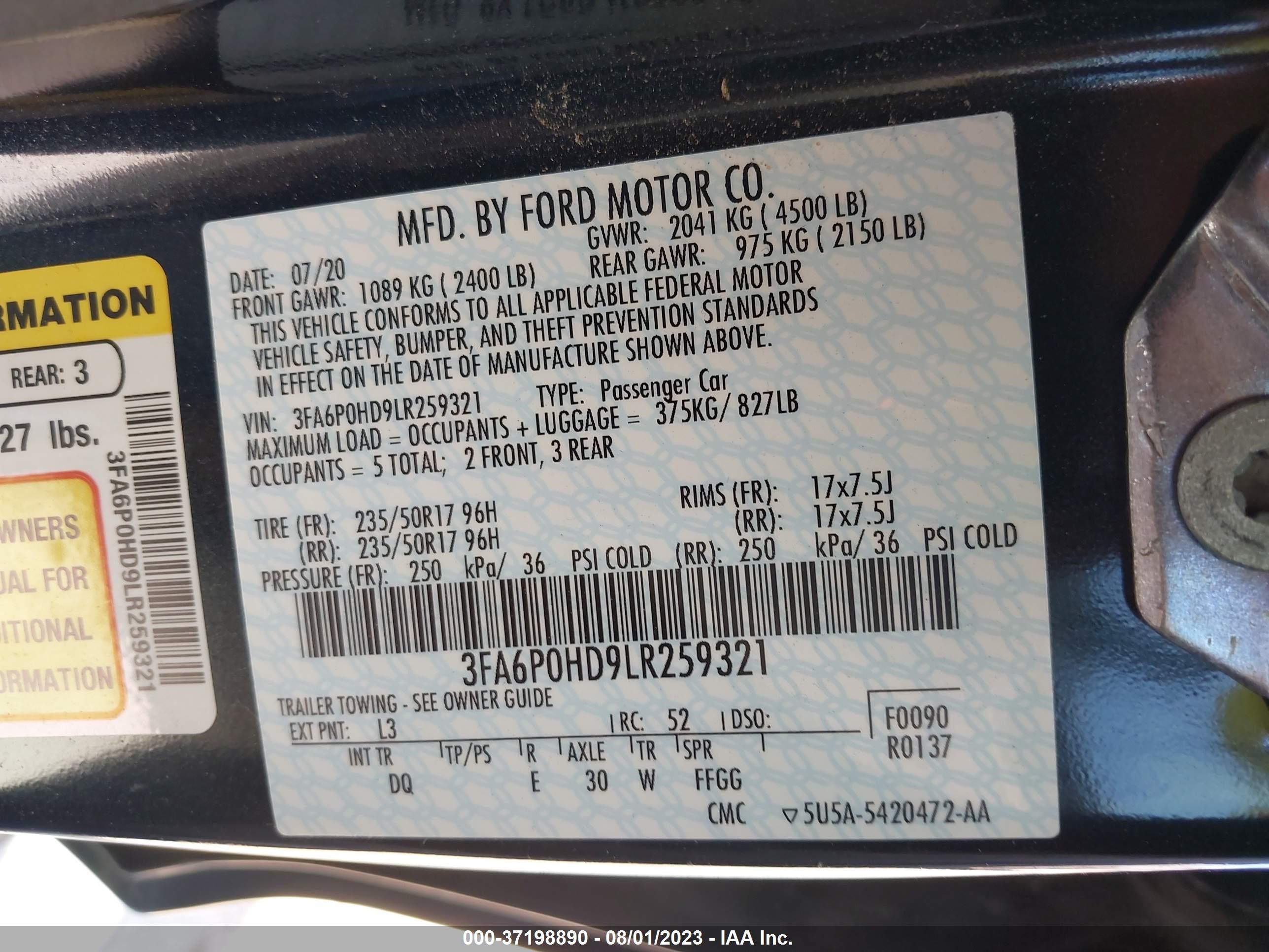 Photo 8 VIN: 3FA6P0HD9LR259321 - FORD FUSION 