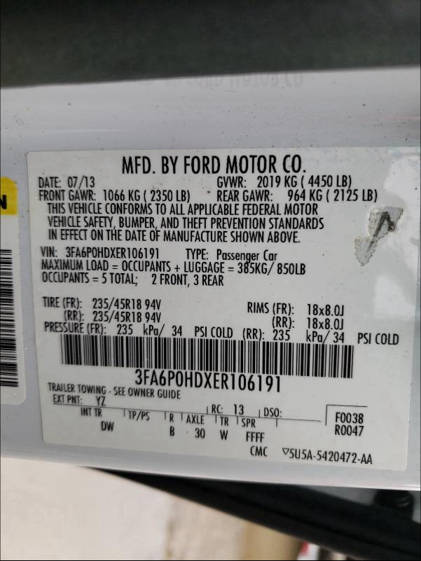 Photo 9 VIN: 3FA6P0HDXER106191 - FORD FUSION SE 