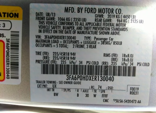 Photo 8 VIN: 3FA6P0HDXER130040 - FORD FUSION 