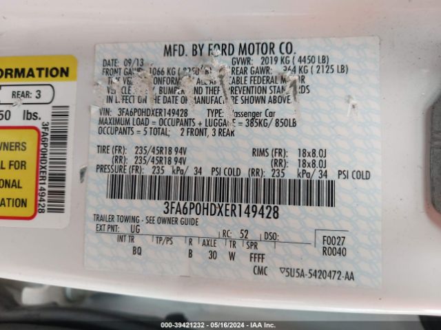 Photo 8 VIN: 3FA6P0HDXER149428 - FORD FUSION 