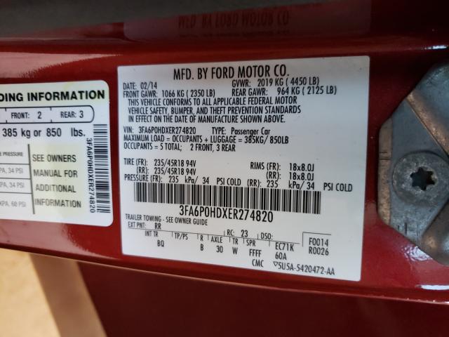 Photo 9 VIN: 3FA6P0HDXER274820 - FORD FUSION SE 