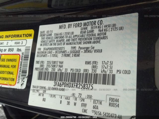 Photo 8 VIN: 3FA6P0HDXFR258375 - FORD FUSION 