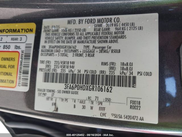 Photo 8 VIN: 3FA6P0HDXGR106162 - FORD FUSION 