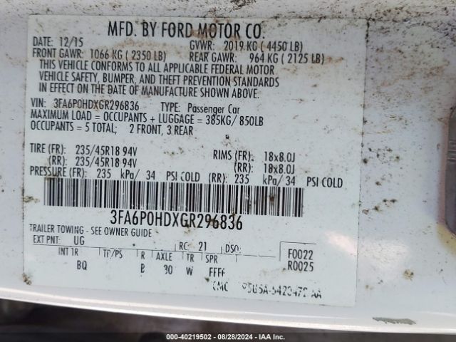 Photo 8 VIN: 3FA6P0HDXGR296836 - FORD FUSION 