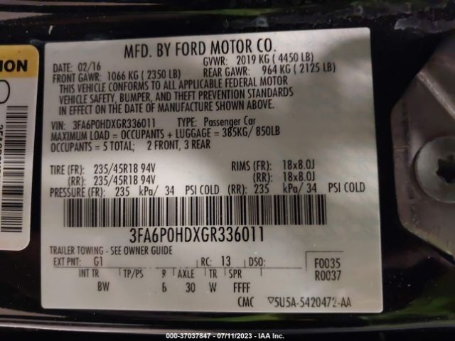 Photo 8 VIN: 3FA6P0HDXGR336011 - FORD FUSION 