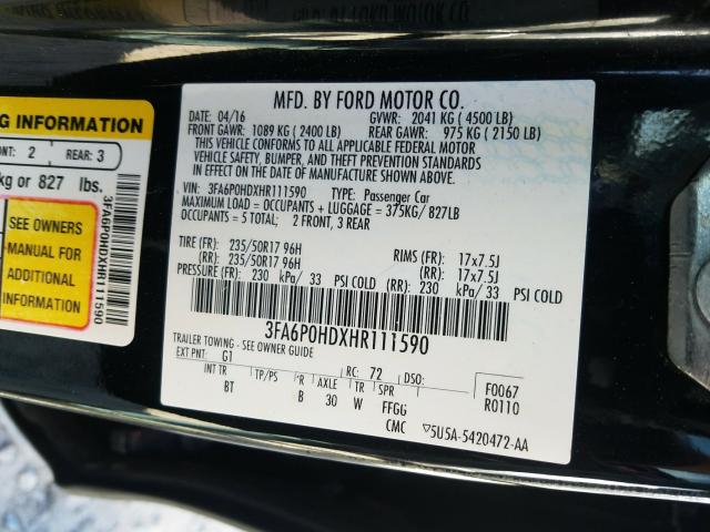 Photo 9 VIN: 3FA6P0HDXHR111590 - FORD FUSION SE 