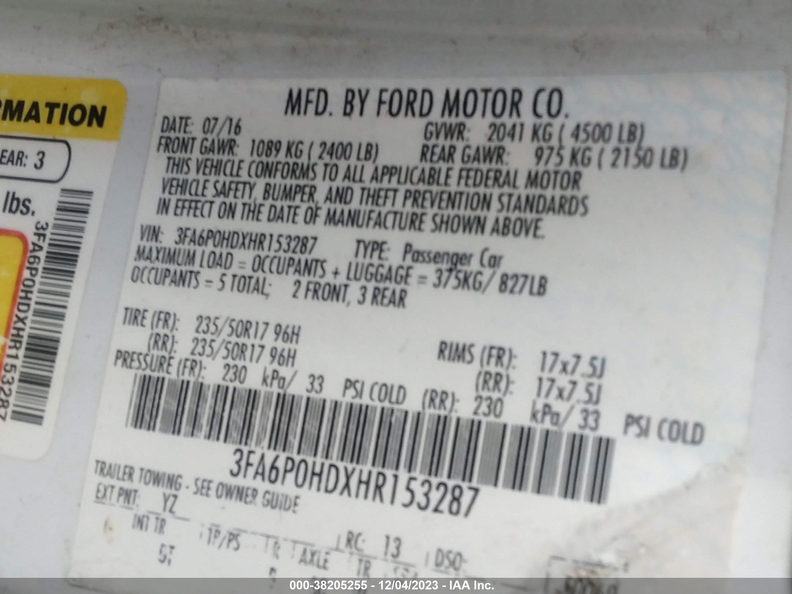 Photo 8 VIN: 3FA6P0HDXHR153287 - FORD FUSION 