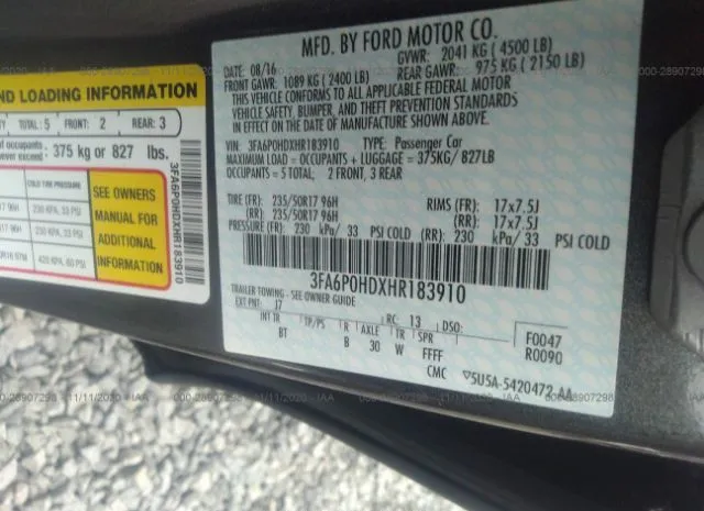 Photo 8 VIN: 3FA6P0HDXHR183910 - FORD FUSION 