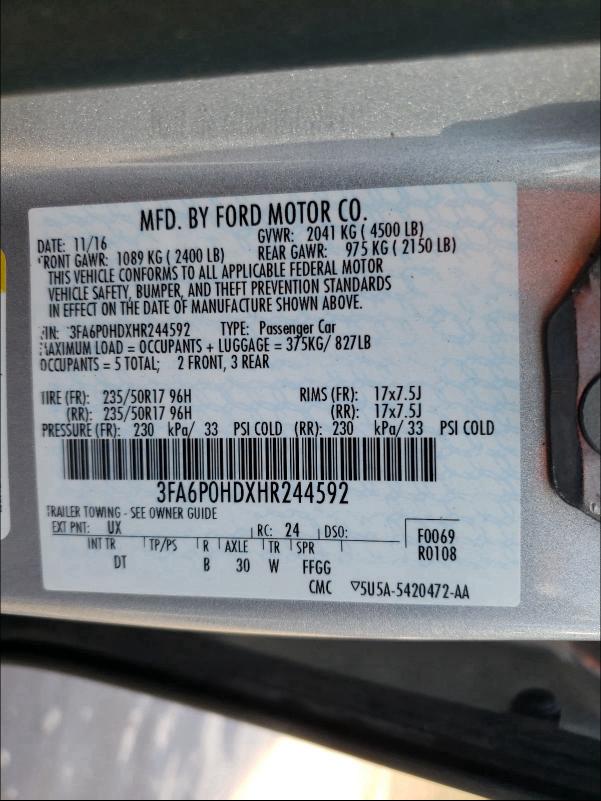 Photo 9 VIN: 3FA6P0HDXHR244592 - FORD FUSION SE 