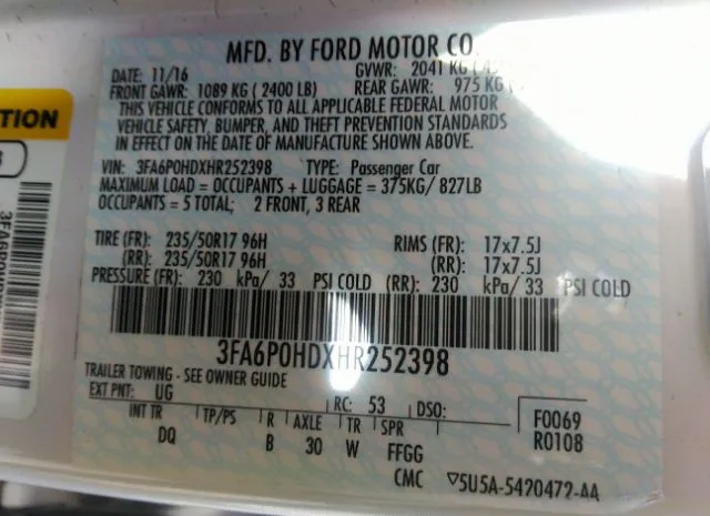 Photo 8 VIN: 3FA6P0HDXHR252398 - FORD FUSION 