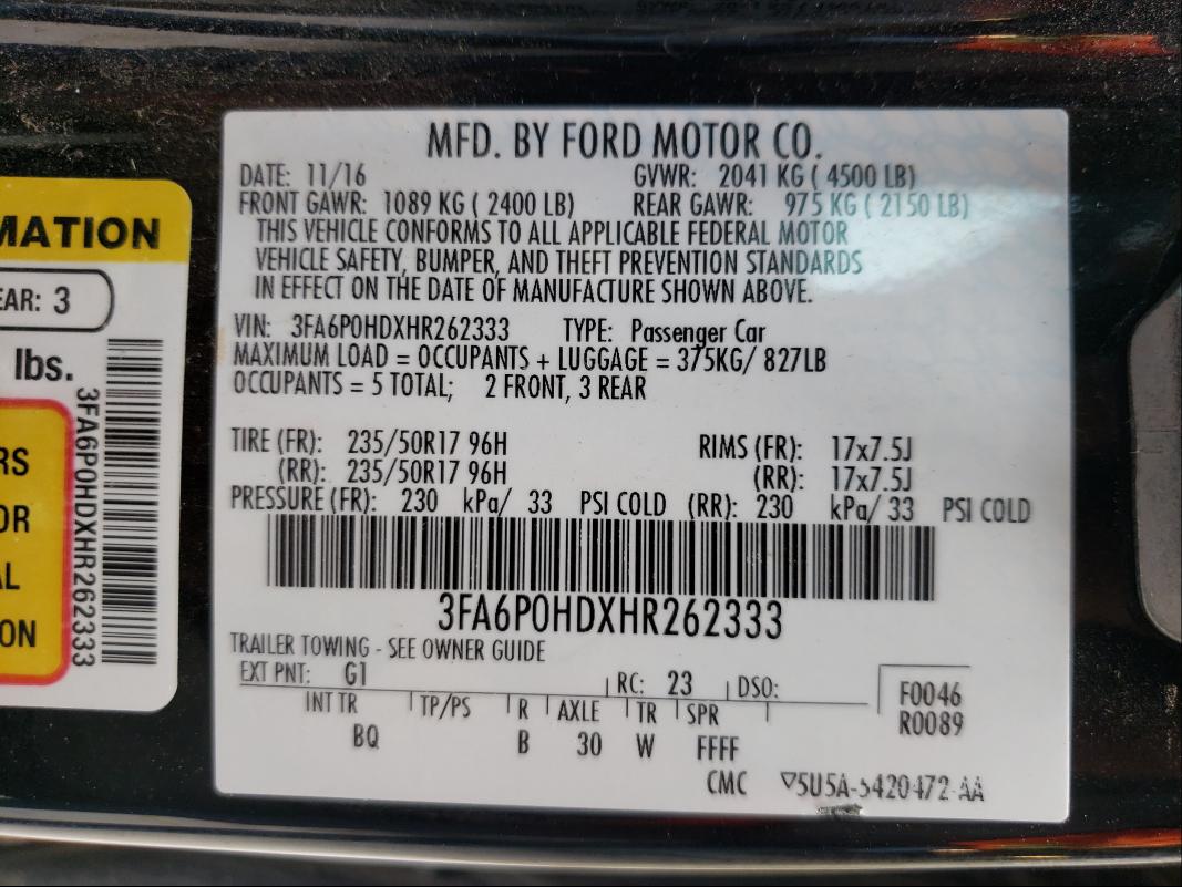 Photo 9 VIN: 3FA6P0HDXHR262333 - FORD FUSION SE 