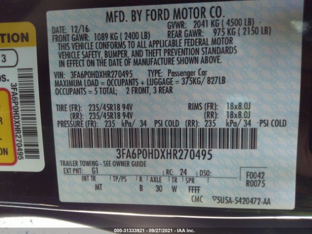 Photo 8 VIN: 3FA6P0HDXHR270495 - FORD FUSION 