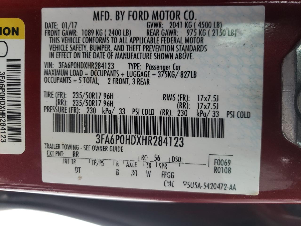 Photo 12 VIN: 3FA6P0HDXHR284123 - FORD FUSION 