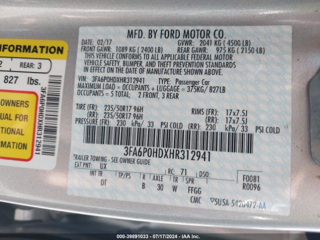 Photo 8 VIN: 3FA6P0HDXHR312941 - FORD FUSION 