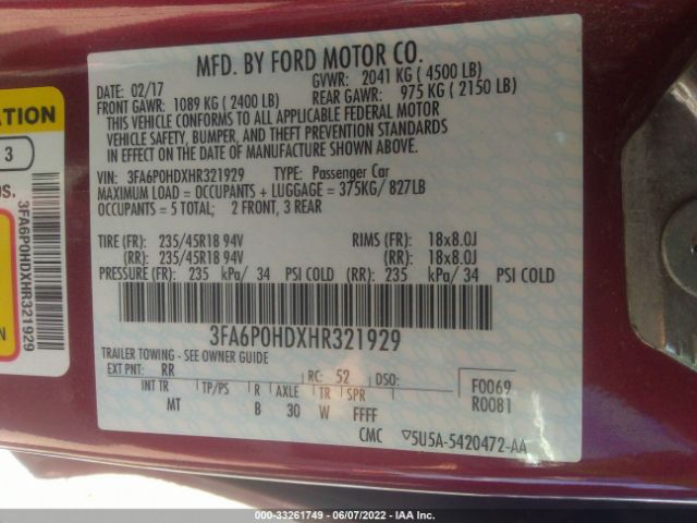 Photo 8 VIN: 3FA6P0HDXHR321929 - FORD FUSION 