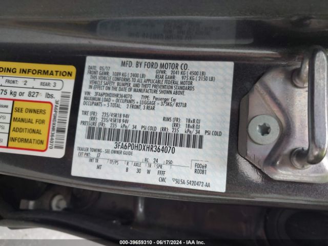 Photo 8 VIN: 3FA6P0HDXHR364070 - FORD FUSION 