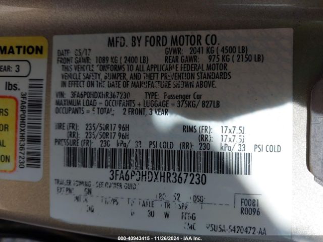 Photo 8 VIN: 3FA6P0HDXHR367230 - FORD FUSION 